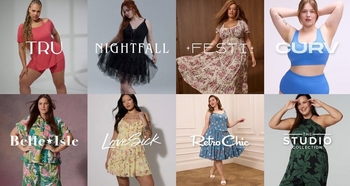 A grid of eight tiles showcasing Torrid brands: TRU (coral athletic set), NIGHTFALL (black tulle dress), FESTI (floral boho dress), CURV (teal athletic wear), Belle Isle (tropical floral outfit), LoveSick (floral ruffle top), Retro Chic (vintage-style dress), and Studio Collection (light-colored dress).