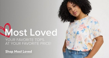 Promotional banner for 'Most Loved' tops featuring a model with curly dark hair wearing a white floral short-sleeve top tucked into light blue jeans, posed against a light grey background. A red heart graphic appears on the left alongside text that reads 'Most Loved', 'Your Favorite Tops. At Your Favorite Price!', and 'Shop Most Loved'.