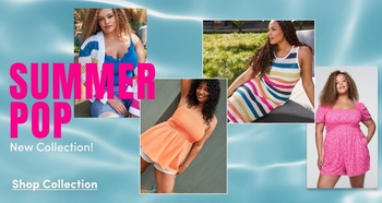 Promotional banner for the 'Summer Pop' new collection featuring four models on a bright teal background. Models wear colorful summer styles including a blue and pink color-block swimsuit cover-up, a multicolor striped sleeveless dress, an orange romper, and a pink floral eyelet mini dress. Text overlays read 'Summer Pop', 'New Collection!', and 'Shop Collection'.