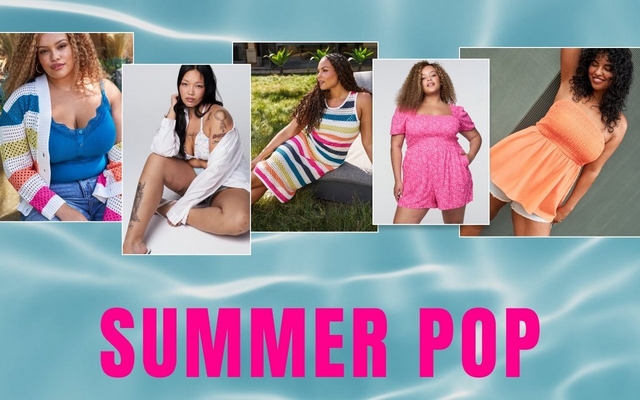 Promotional banner for the Summer Pop collection featuring five models arranged as polaroid-style photos on a bright teal water-effect background. From left to right: a model with curly auburn hair in a blue ribbed camisole and multicolor crochet cardigan; a model with straight dark hair seated in a white oversized shirt; a model with long wavy dark hair seated outdoors in a rainbow striped crochet mini dress; a model with curly hair in a pink floral puff-sleeve mini dress; and a model with curly dark hair in an orange smocked romper. Bold pink text at the bottom reads 'Summer Pop'.