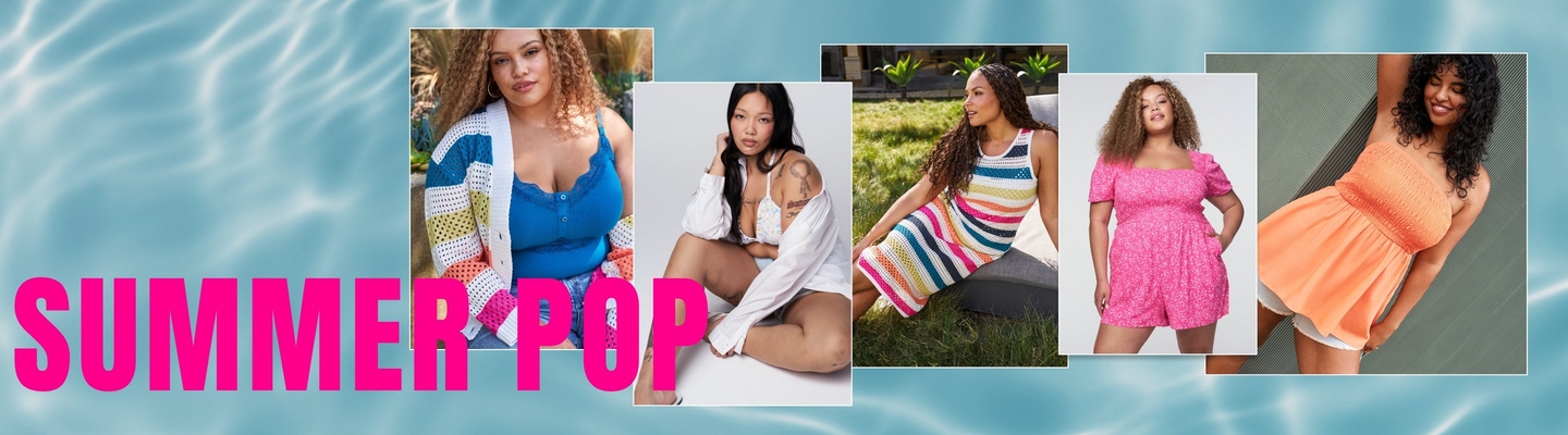 Wide promotional banner for the Summer Pop collection featuring five models arranged as polaroid-style photos on a bright teal water-effect background. From left to right: a model with curly auburn hair in a blue ribbed camisole and multicolor crochet cardigan; a model with straight dark hair seated in a white oversized shirt; a model with long wavy dark hair seated outdoors in a rainbow striped crochet mini dress; a model with curly hair in a pink floral puff-sleeve mini dress; and a model with curly dark hair in an orange smocked romper. Large bold pink text on the left reads 'Summer Pop'.