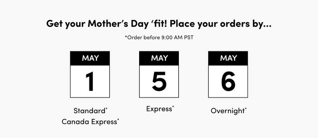 A square banner with a light gray background. Bold black text at the top reads 'Get your Mother's Day 'fit! Place your orders by...' with smaller text below reading 'Order before 9:00 AM PST'. Below that are three calendar icons with black headers arranged in a row, each showing a month and date. The first shows 'MAY 1' with 'Standard Canada Express*' below it. The second shows 'MAY 5' with 'Express*' below it. The third shows 'MAY 6' with 'Overnight*' below it.