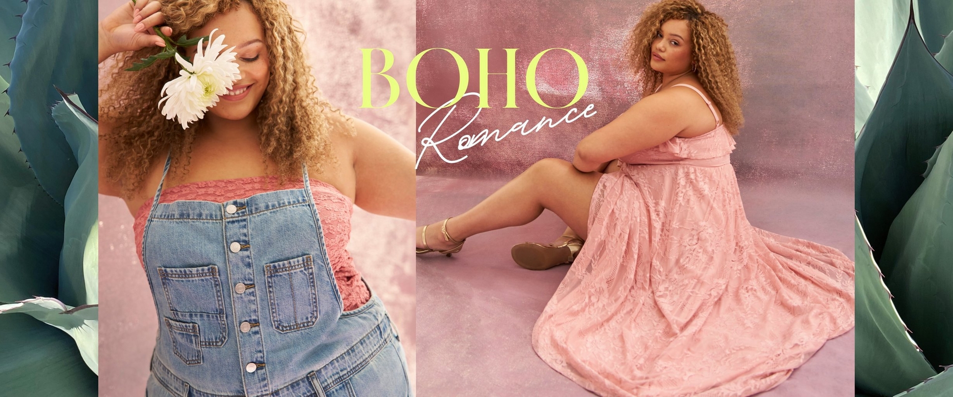 A wide horizontal promotional banner framed on both sides by large blue-gray agave plant leaves. Two overlapping photo panels share a dusty pink background. In the left panel, a woman with voluminous curly auburn hair smiles with eyes closed, holding a white chrysanthemum flower near her face. She wears a pink lace bandeau top layered under a light wash denim button-front overall dress with two chest patch pockets. In the center, yellow-green serif text reads 'BOHO' above white script text reading 'Romance'. In the right panel, the same woman sits on the floor with her legs extended, wearing a blush pink lace maxi dress with spaghetti straps and a flowy skirt, paired with gold strappy heeled sandals. She looks over her shoulder toward the camera.