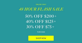 Claude responded: A promotional banner with a solid teal background.A promotional banner with a solid teal background. Small white text at the top reads 'ONLINE ONLY' above bold white italic text reading '48 HOUR FLASH SALE'. Below that, three discount tiers are listed in white text: '50% OFF $200+', '40% OFF $125+', and '30% OFF $75+', followed by small white text reading 'PURCHASE'. At the bottom center is a yellow rectangular button with bold black text reading 'SHOP NOW'.