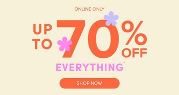 A promotional banner with a soft cream background.A promotional banner with a soft cream background. Small gray text at the top reads 'ONLINE ONLY'. Below that, large bold text in a mix of pink and coral reads 'UP TO 70% OFF' with two small decorative flower icons in purple and pink flanking the '70'. Bold pink text below reads 'EVERYTHING'. At the bottom center is a coral orange rounded rectangular button with white text reading 'SHOP NOW'.
