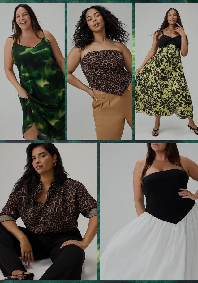 A vertical collage banner with a dark green textured border showing five fashion panels in a grid layout. The top row features three images: a woman with long dark hair smiling in a green abstract swirl print satin slip dress with a side slit; a woman with voluminous dark curly hair in a leopard print strapless tube top with tan wide-leg trousers; and a woman in a black sweetheart-neck bodice dress with a yellow-green and black tropical floral chiffon skirt and black thong sandals. The bottom row shows: a woman with long dark hair seated and wearing a brown and black leopard print button-front shirt with black pants; and a partial torso shot of a woman in a black strapless tube top with a white full midi skirt.