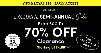 A promotional banner with a dark charcoal background. Small white text at the top reads 'VIPS & LOYALISTS · EARLY ACCESS'. Below that, small white text reads 'ONLINE ONLY' above white italic text reading 'EXCLUSIVE SEMI-ANNUAL Sale'. Large bold white text reads 'Extra 60% To' followed by large bold yellow text reading '70% OFF' and bold white text reading 'Clearance' with smaller white text below reading 'Starting at $4.99 USD*'. On the left side, a small dark circular badge reads 'EARN 3X TORRID CASH'. On the right side, a small dark badge with white text reads 'New Markdowns Taken'.