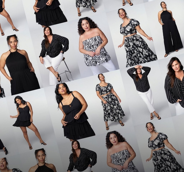 A diagonal grid collage of multiple photos featuring several women modeling the same black and white clothing collection against plain light gray backgrounds. Pieces shown include a black tiered ruffle mini dress, a black halter jumpsuit, a black pinstriped long-sleeve blouse with a tie front worn with white cropped pants and black flip sandals, a strapless black and white tropical print peplum top worn with white pants, a black and white tropical print crop top with matching maxi skirt, a black wide-leg jumpsuit with a halter neckline, a black spaghetti-strap top with a tiered ruffle skirt, a black tank top with a smocked bodice and tiered ruffle skirt, a black and white tropical print maxi skirt, a black and white pinstriped blouse, and a black v-neck blouse with embellished detail. Models pose standing, walking, seated, and with arms raised, wearing flip sandals or heeled sandals.