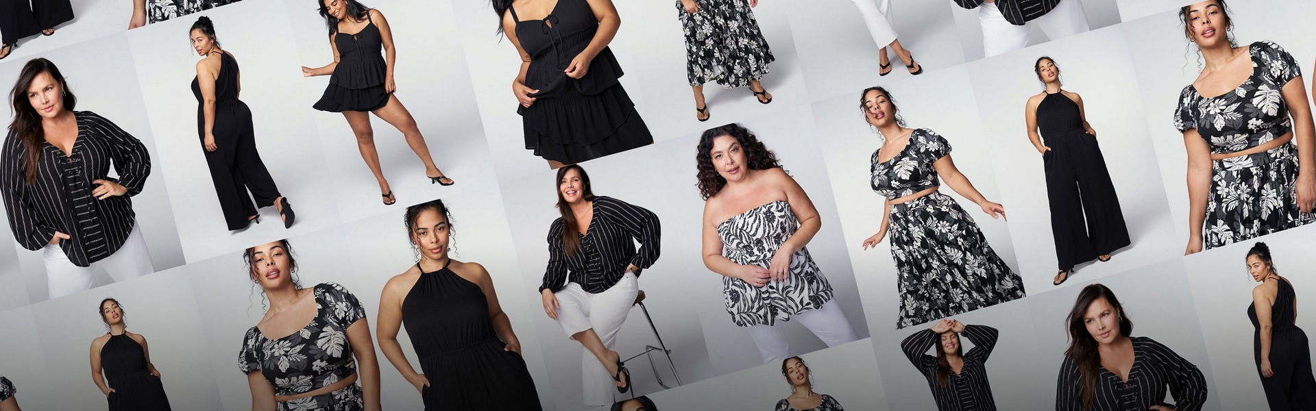 A diagonal grid collage of multiple photos featuring several women modeling a black and white clothing collection against plain light gray backgrounds. Pieces shown include a black and white pinstriped blouse with a lace-up neckline worn with white pants, a black sleeveless jumpsuit, a black tiered ruffle mini dress with a smocked bodice, a black halter top with tie straps and a tiered ruffle skirt, a black and white tropical leaf print maxi skirt, a black halter mini dress, a black and white tropical print crop top and matching maxi skirt set, a black wide-leg jumpsuit, a strapless black and white tropical print peplum top worn with white pants, and a black pinstriped long-sleeve blouse with a tie front worn with white cropped pants. Models pose standing, walking, and seated, some with hands on hips or arms raised, wearing flip sandals or heeled sandals.