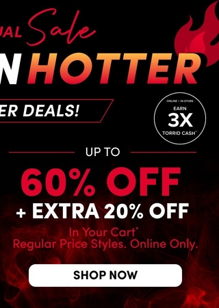 A mobile promotional banner with a dark background and red flame and smoke graphic. A red triangular badge in the upper left reads 'ONLINE + IN STORE' in white text. Red text reads 'SEMI-ANNUAL' followed by large white text reading 'COMING IN' and 'EVEN DEEPER' partially visible. Below, white text reads 'UP TO' followed by large white '60% OFF' and red text reading '+ EXTRA 20% OFF' with smaller white text reading 'In Your Cart* Regular Price Styles. Online Only.' A white rounded rectangular button reads 'SHOP NOW' in black text.