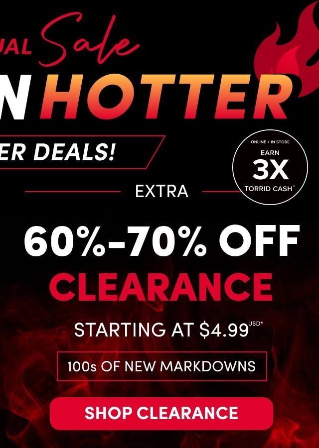 A mobile promotional banner with a dark background and red flame and smoke graphic. Partially visible text at the top reads 'UAL Sale' in red script and 'N HOTTER' in large white and orange bold text with a flame graphic, and 'ER DEALS!' in white. A white circle badge reads 'ONLINE + IN STORE EARN 3X TORRID CASH**' White text reads 'EXTRA' followed by large white text reading '60%-70%' and large red text reading 'CLEARANCE' with white text below reading 'STARTING AT $4.99 USD*' A white-outlined rectangular badge reads '100s OF NEW MARKDOWNS' and a red rounded rectangular button reads 'SHOP CLEARANCE' in white text.