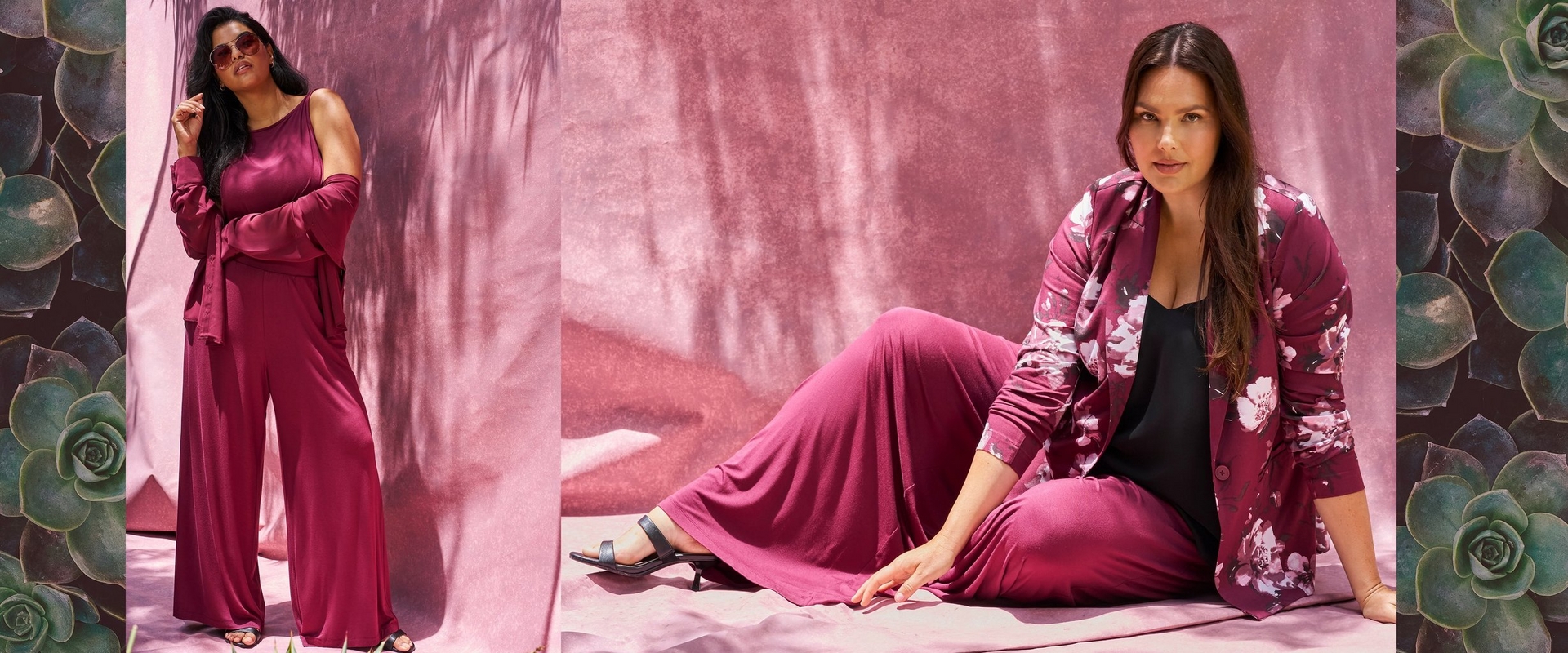 Wide composite banner divided into panels with succulent plant photos framing each side. On the left panel, a woman with long dark wavy hair and sunglasses stands against a pink textured backdrop with palm leaf shadows. She wears a burgundy satin sleeveless top, a matching burgundy satin button front cardigan draped over her shoulders, and wide leg burgundy satin pants, with black sandals. In the center and right panel, a woman with long brown hair sits on a pink textured floor against a pink backdrop resembling desert rock formations. She wears a black cami top layered under a burgundy and white floral print blazer, paired with a magenta wide leg maxi skirt, and black strappy heeled sandals, with one arm extended toward the ground.