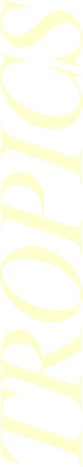 Large cream-colored italic serif text reading 'TROPICS' rotated vertically on a solid black background.