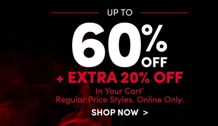 A promotional banner with a dark background and red smoke graphic. White text reads 'UP TO' followed by large white text reading '60% OFF' and red text reading '+ EXTRA 20% OFF' with smaller white text below reading 'In Your Cart* Regular Price Styles. Online Only.' A white text link reads 'SHOP NOW >'