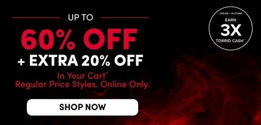 A promotional banner with a dark background and red smoke graphic. White text reads 'UP TO' followed by large white text reading '60% OFF' and red text reading '+ EXTRA 20% OFF' with smaller white text below reading 'In Your Cart* Regular Price Styles. Online Only.' A white text link reads 'SHOP NOW >'