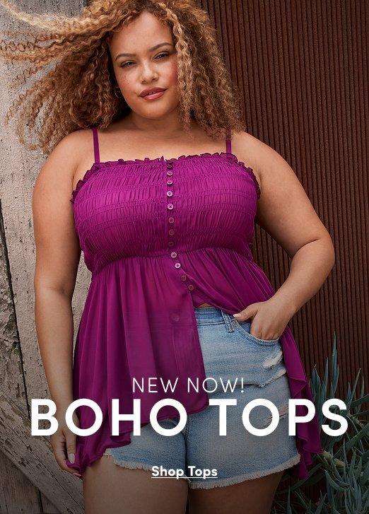 A model wears a magenta smocked boho cami top with a denim mini skirt outdoors. Text reads, “New Now! Boho Tops. Shop Tops.”