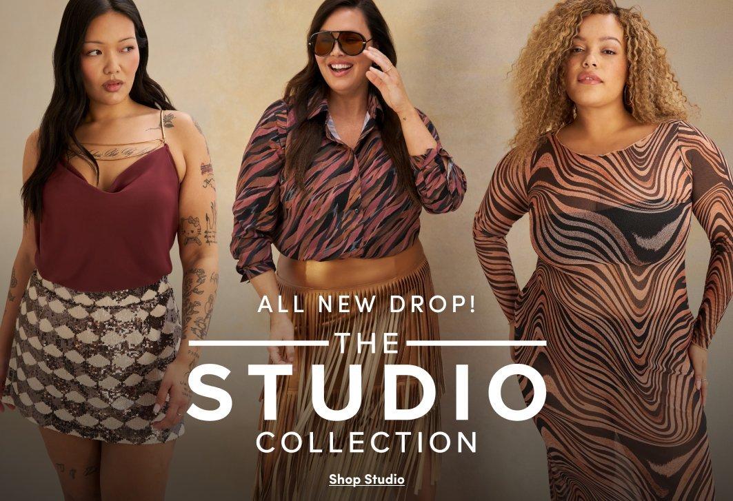 Three models wear new Studio Collection looks, including a burgundy cami with a printed mini skirt, a striped button-up with a fringe skirt, and a wavy print long sleeve dress. Text reads, “All New Drop! The Studio Collection. Shop Studio.”