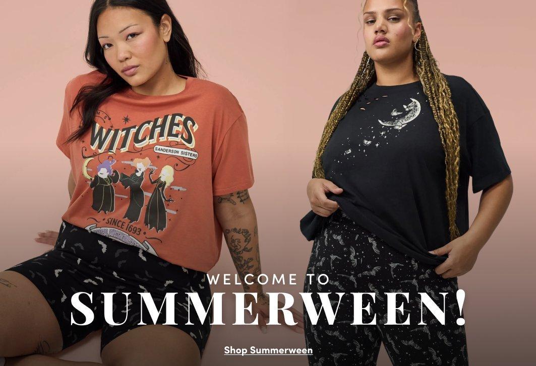 Two models wear Halloween-inspired loungewear, including a rust Sanderson Sisters graphic tee with bat print shorts and a black moon graphic tee with matching printed pants. Text reads, “Welcome to Summerween! Shop Summerween.”