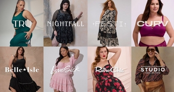 A grid of eight tiles showcasing Torrid brand collections: TRU features a model in a teal athletic tank and bottoms; NIGHTFALL shows a model in a black floral long-sleeve dress with fishnets; +FESTI+ displays a model in a black and cream floral tiered dress; CURV features a model in a magenta lace bralette; Belle Isle shows a model in a black ruffled dress; LoveSick features a model in a pink ruffled sleeveless dress; Retro Chic displays a model in a black dress with red floral print; and The Studio Collection shows a model in a tiger-print jacket.