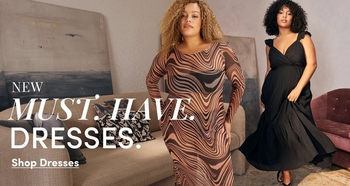 Promotional banner for 'Must-Have Dresses' featuring two models posed against a warm modern interior with cream and burgundy sofas. Left model wears a brown and tan wavy stripe long-sleeve dress with honey-toned curly hair. Right model wears a black ruched empire-waist dress with flutter sleeves and black curly hair. Text overlays read 'New', 'Must-Have Dresses', and 'Shop Dresses'.