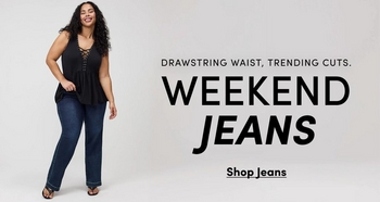 Promotional banner for 'Weekend Jeans' featuring a model with long black wavy hair against a light grey background, wearing a black sleeveless lace-up V-neckline top and dark-wash denim jeans with a straight leg, styled with black slide sandals. Text overlays read 'Drawstring Waist, Trending Cuts.', 'Weekend Jeans', and 'Shop Jeans'.