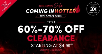 A promotional sale banner with a dark background featuring a fiery flame graphic. On the left, a small orange circular badge reads 'ONLY FOR APP SHOPPERS' in white text. In the center, orange text reads 'SEMI-ANNUAL Sale' followed by large white and orange text reading 'COMING IN HOTTER' and smaller white text reading 'EVEN DEEPER DEALS!' Below that, white text reads 'EXTRA 60%-70% CLEARANCE STARTING AT $4.99**' and a white rectangular button reads 'SHOP CLEARANCE' in dark text, with small text below reading 'ONLINE + IN STORE.' On the right, an orange circular badge reads '3X TORRID CASH' in white text.