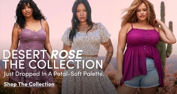Promotional banner for the 'Desert Rose' boho collection featuring three models in rose and pink-toned outfits against a desert sunset background. Models wear a purple textured sweetheart neckline tank dress, a light floral-print short-sleeve top, and a bright magenta petal-soft ruched strapless dress with a cactus visible in the background. Text overlays read 'Desert Rose', 'The Collection', 'Just Dropped In A Petal-Soft Palette', and 'Shop The Collection'.