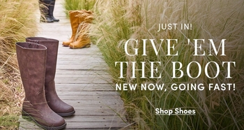 Promotional banner for boots featuring two tall brown suede boots displayed on a wooden deck with tall grasses and natural foliage in the background. A person wearing a brown boot is partially visible in the background. Text overlays read 'Just In!', 'Give 'Em The Boot', 'New Now, Going Fast!', and 'Shop Shoes'.