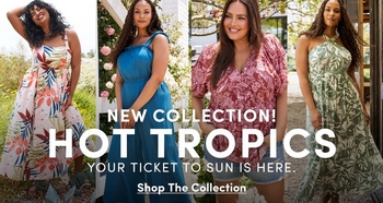 Promotional banner for the 'Hot Tropics' new collection featuring four models in tropical-inspired outfits. Models wear a colorful floral print dress with red and pink flowers, a blue sleeveless top, a pink tropical print shirt, and an olive green tropical print dress. Outdoor background with greenery and flowers. Text overlays read 'New Collection!', 'Hot Tropics', 'Your Ticket to Sun is Here', and 'Shop The Collection'.