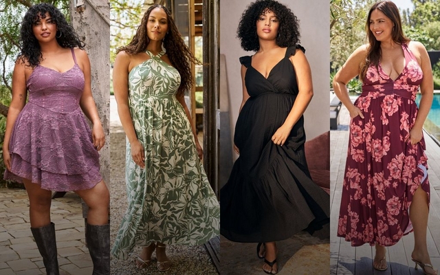 A vertical mobile promotional banner featuring four women modeling dresses in a stacked layout. From top to bottom: a woman with curly dark hair wearing a purple textured tiered sleeveless dress in an outdoor foliage setting. A woman with long dark hair wearing a green and olive botanical print sleeveless maxi dress. A woman with curly dark hair wearing a black wrap surplice V-neck sleeveless dress. A woman with long dark hair wearing a burgundy red floral print sleeveless dress in a poolside setting.