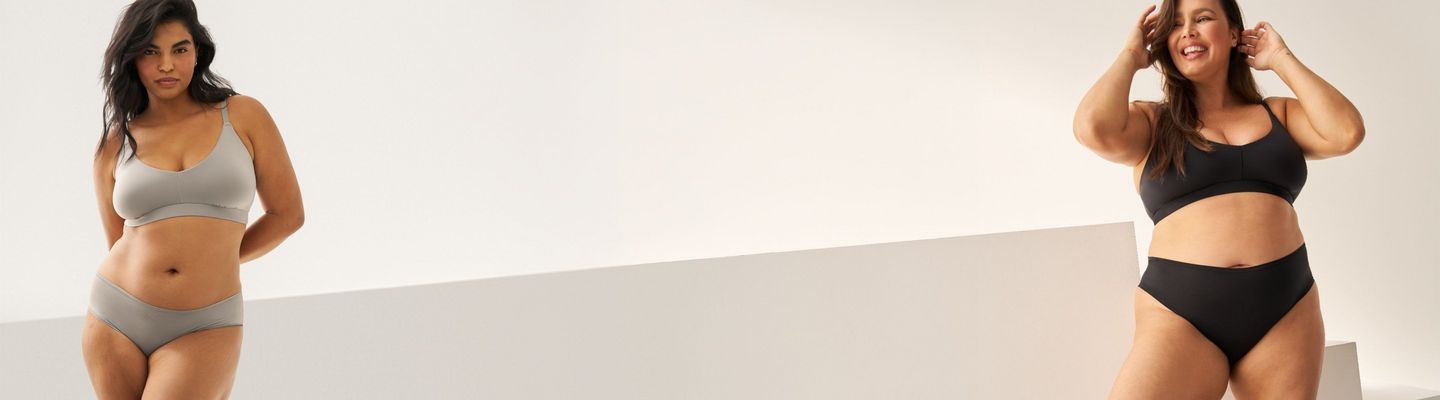 Desktop promotional banner for Butter Soft Micro intimates featuring women modeling the product