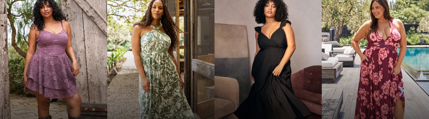 A horizontal desktop promotional banner featuring four women modeling dresses in a four-panel layout. From left to right: a woman with curly dark hair wearing a purple textured tiered sleeveless dress in an outdoor foliage setting. A woman with long dark hair wearing a green and olive botanical print sleeveless maxi dress. A woman with curly dark hair wearing a black wrap surplice V-neck sleeveless dress. A woman with long dark hair wearing a burgundy red floral print sleeveless dress in a poolside setting.