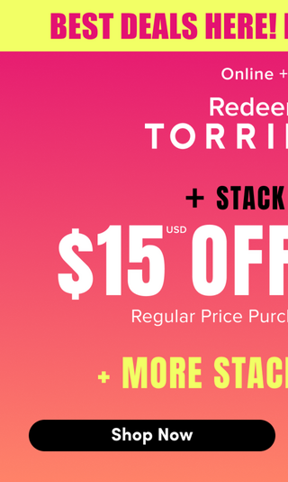 Cropped mobile view of a promotional banner showing the left portion of the design. A yellow bar at the top contains pink bold text reading 'BEST DEALS HERE!' cut off at the right edge. Below is a pink to orange gradient background. White text reads 'Online +' cut off, followed by 'Redeem' cut off, then large bold white text reading 'TORRI' cut off at the edge. Below that, black bold text reads '+ STACK' cut off. Large white bold text reads '$15' with a small 'USD' label above it, followed by 'OFF' cut off at the edge. White text below reads 'Regular Price Purc' cut off. Yellow bold text reads '+ MORE STAC' cut off. At the bottom is a black rounded rectangle button containing white bold text that reads 'Shop Now.'