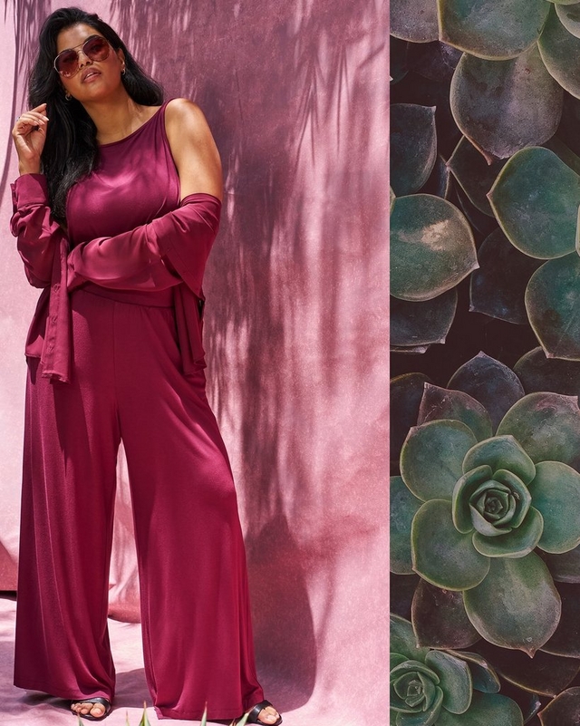 Split image with a fashion photo on the left and a close-up succulent plant photo on the right. On the left, a woman with long dark wavy hair and aviator sunglasses stands against a pink textured backdrop with palm leaf shadows, one hand touching her sunglasses. She wears a burgundy satin sleeveless top, a matching burgundy satin button front cardigan draped over her shoulders and arms, and wide leg burgundy satin pants, with black sandals visible at the bottom. On the right, a close-up photo shows layered rosette shaped succulent plants in shades of green with reddish purple tips.