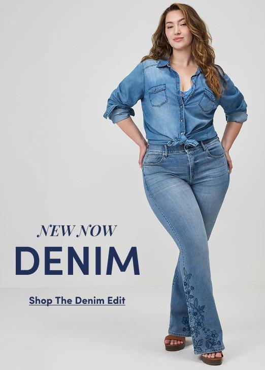 Model wearing a light wash denim button-front shirt tied at the waist with matching light wash floral embroidered flare jeans and brown platform sandals. Text reads, “New Now Denim,” with a “Shop The Denim Edit” call to action.