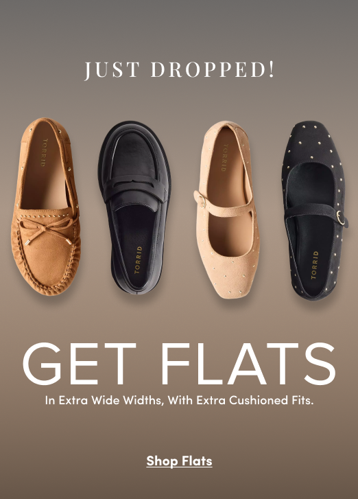 Promotional image featuring four pairs of flats in tan suede, black loafers, beige Mary Janes, and black studded styles. Text reads “Just Dropped! Get Flats” and “In Extra Wide Widths, With Extra Cushioned Fits.” with “Shop Flats” below.