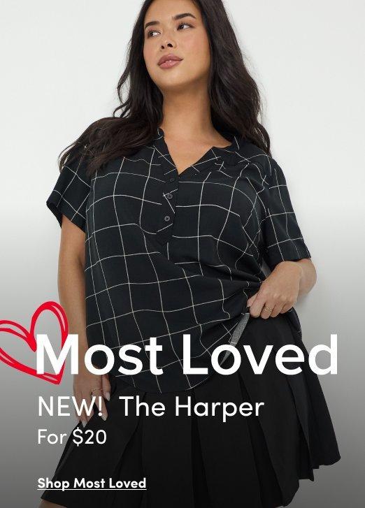 "Banner ad for 'Most Loved' collection featuring a woman with long dark hair standing against a gray background, wearing a black and white windowpane check short-sleeve top and black skirt. Text reads: Most Loved, NEW! The Harper, For $20, Shop Most Loved."
