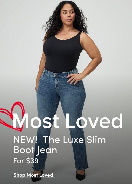 "Banner ad for 'Most Loved' collection featuring a woman with curly dark hair standing against a gray background, wearing a black tank top and medium-wash bootcut jeans with black heels. Text reads: Most Loved, NEW! The Luxe Slim Boot Jean, For $39, Shop Most Loved."