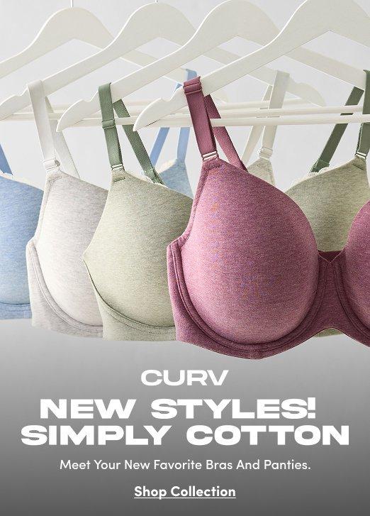Close-up of CURV cotton bras in soft pastel colors hanging on white hangers, including light blue, gray, sage green, mauve, and olive. Text reads, “CURV. New Styles! Simply Cotton. Meet Your New Favorite Bras and Panties,” with a “Shop Collection” call to action.