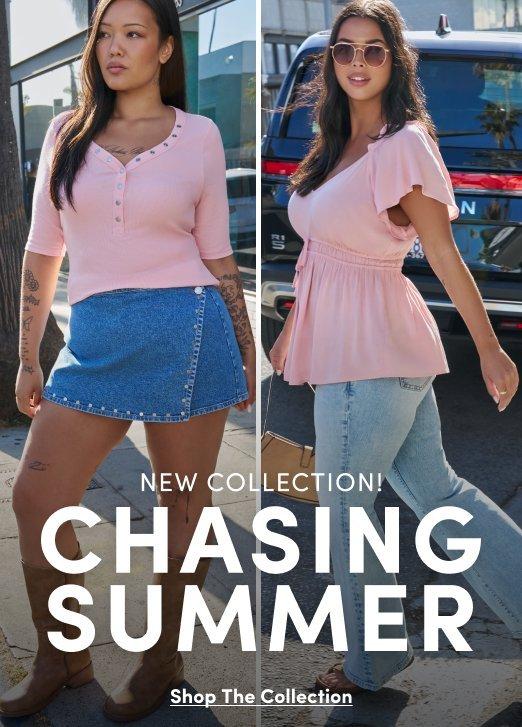 Promotional collage featuring two models wearing light pink summer tops. One model wears a ribbed Henley top with a denim mini skirt, and the other wears a flutter sleeve peplum top with light wash jeans. Text reads “New Collection! Chasing Summer” with “Shop The Collection” below.