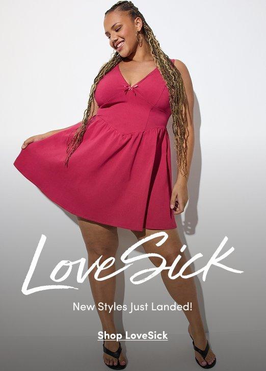 Promotional image featuring a model wearing a sleeveless pink LoveSick mini dress with a gathered waist and bow detail at the neckline. Text reads “LoveSick,” “New Styles Just Landed!” and “Shop LoveSick.”