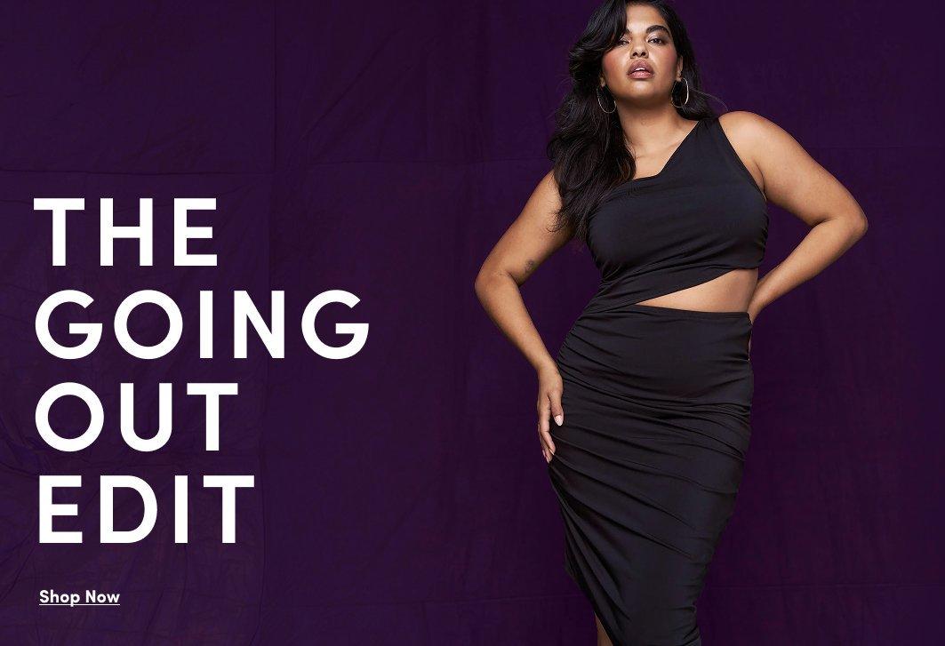 Promotional image featuring a model wearing a black one shoulder cutout midi dress against a deep purple background. Text reads “The Going Out Edit” with “Shop Now” below.