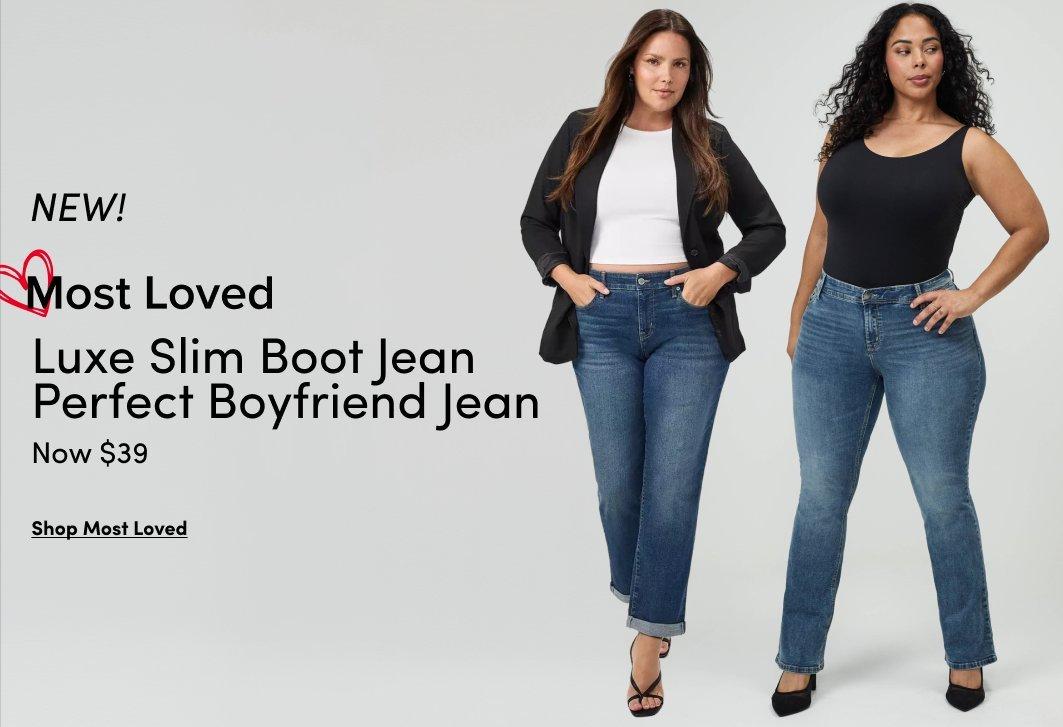 "Banner ad for 'Most Loved' collection featuring a woman with long dark hair standing against a gray background, wearing a black and white windowpane check short-sleeve top and black skirt. Text reads: Most Loved, NEW! The Harper, For $20, Shop Most Loved."