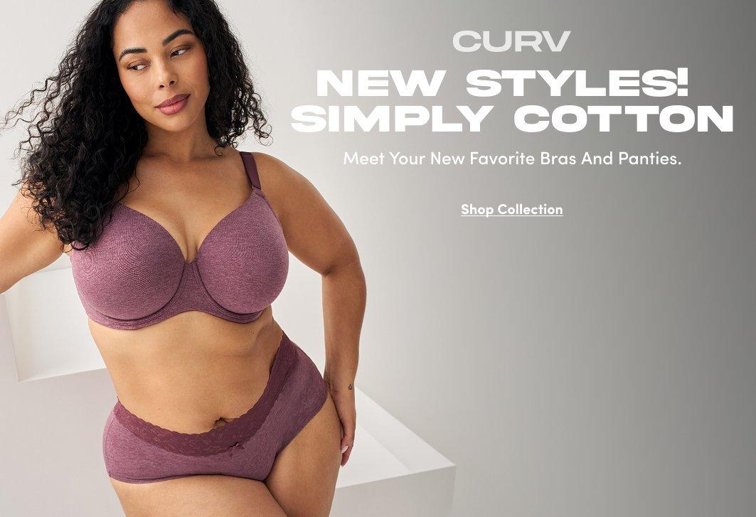 Close-up of CURV cotton bras in soft pastel colors hanging on white hangers, including light blue, gray, sage green, mauve, and olive. Text reads, “CURV. New Styles! Simply Cotton. Meet Your New Favorite Bras and Panties,” with a “Shop Collection” call to action.