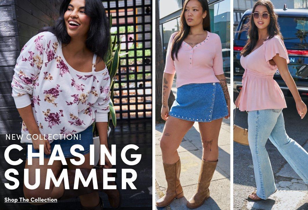 Three models wearing soft pink tops styled with denim for a casual fall look. Outfits include a floral sweatshirt with jeans, a ribbed henley top with a denim mini skirt and knee-high boots, and a flutter-sleeve peplum top with light wash jeans. Text reads, “New Collection! Chasing Summer,” with a “Shop The Collection” call to action.