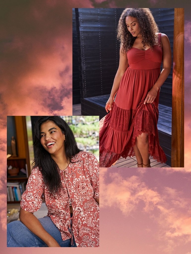 Collage of three photos arranged over a background of pink and mauve sunset clouds. The top right photo shows a woman with curly brown hair standing on a wooden deck against a dark slatted wall, looking down, wearing a rust red maxi dress with a sweetheart neckline, ruched bodice, and a tiered high low skirt with lace ruffled trim, paired with brown strappy sandals, holding part of the skirt fabric in one hand. The bottom left photo shows a woman with long dark hair laughing, seated with one arm resting on her knee, wearing a rose pink and white paisley print blouse with elbow length sleeves and a tie front neckline, paired with denim jeans, with a bookshelf and greenery visible in the background.