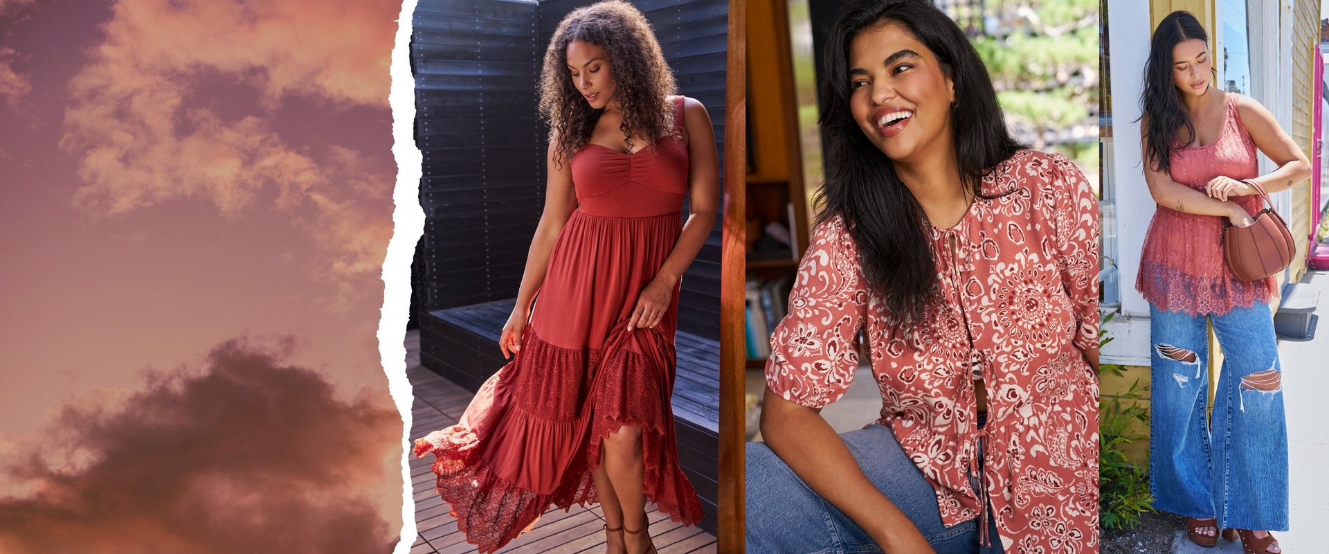 Wide composite banner with a torn paper edge effect dividing several photos. The first panel shows a close-up photo of a pink and mauve toned sunset sky with wispy clouds. The second panel shows a woman with curly brown hair standing on a wooden deck against a dark slatted wall, looking down. She wears a rust red maxi dress with a sweetheart neckline, ruched bodice, and a tiered high low skirt with lace ruffled trim, paired with brown strappy sandals, holding the skirt fabric in one hand. The third panel shows a woman with long dark hair laughing, seated with one arm resting on her knee, wearing a rose pink and white paisley print blouse with elbow length sleeves and a tie front neckline, paired with denim jeans, with greenery and a wooden interior visible in the background. The fourth panel shows a woman with long dark wavy hair standing outside a white paneled building with a pink door, looking down while adjusting the strap of a brown shoulder bag. She wears a pink lace tiered cami top with a scalloped hem, paired with ripped light wash flare jeans and brown platform heeled sandals.
