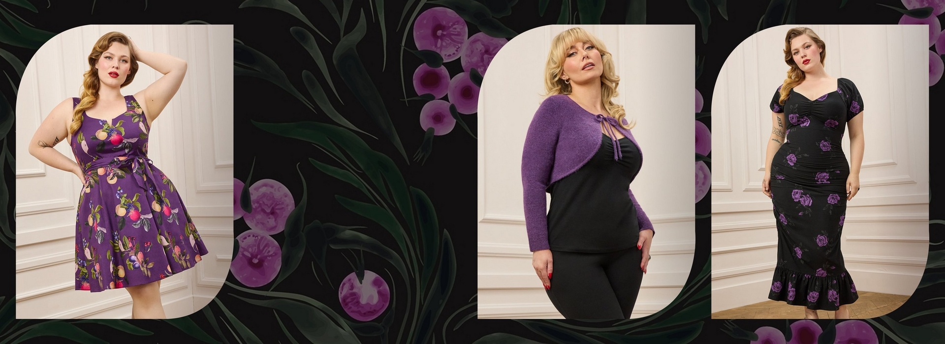 Wide banner with three arched photo frames set against a dark illustrated background of green leaves and stylized purple flowers resembling calla lilies. In the first frame, a woman with long wavy strawberry blonde hair styled in a vintage pin curl look poses with one hand on her hip and the other touching her hair, wearing a purple fit and flare dress with a sweetheart neckline and an allover fruit print featuring peaches, plums, cherries, and berries, cinched with a matching fabric belt. In the second frame, a woman with curled blonde hair poses with one hand on her hip, wearing an open purple knit cropped cardigan with tie front closure over a black cami top and black pants. In the third frame, a woman with wavy blonde hair styled in a vintage look poses with one hand on her hip, wearing a black fitted midi dress with a purple floral print, a ruched sweetheart neckline, short sleeves, and a ruffled mermaid style hem, showing visible tattoos on her arm.