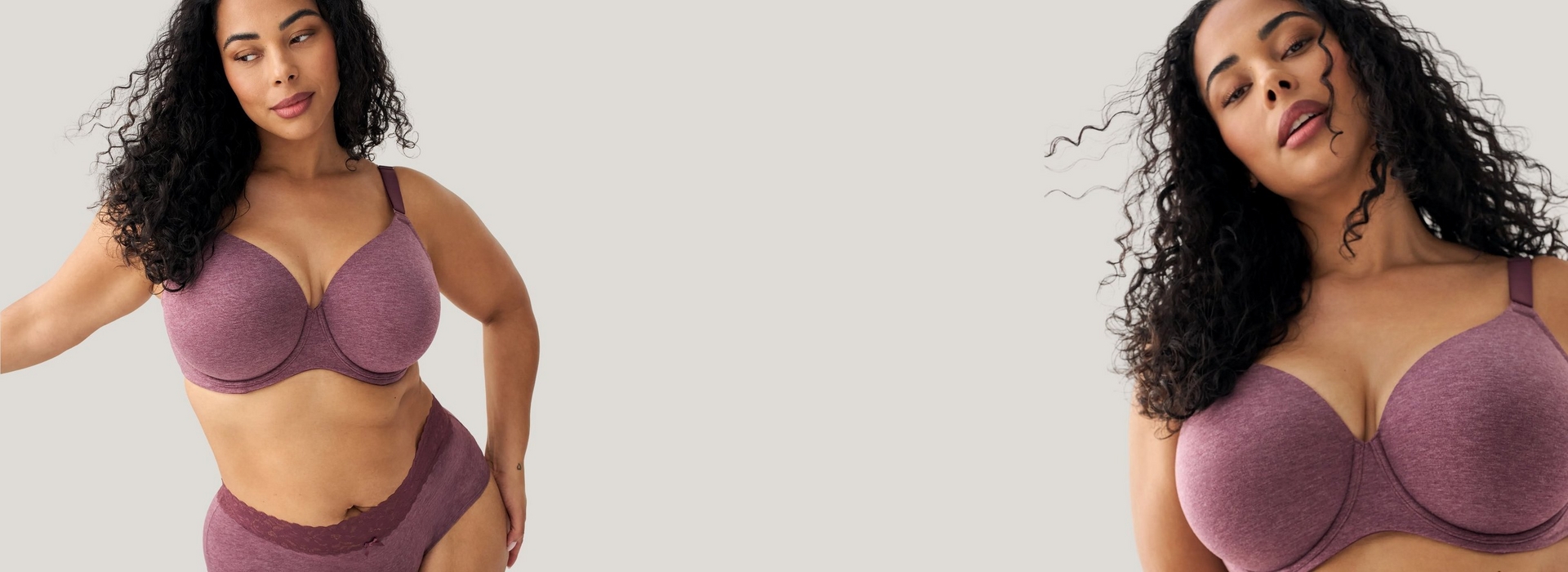 Wide composite image on a plain light gray background with two photos of the same lingerie set. On the left, a woman with long dark curly hair poses with one hand on her hip and the other raised, wearing a heathered mauve underwire bra with adjustable straps and matching lace trimmed high waisted underwear. On the right, a close up cropped photo shows the woman's hair blowing to the side as she looks toward the camera, wearing the same heathered mauve underwire bra.