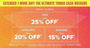 Promotional banner with an orange to yellow gradient background. At the top, white bold text reads 'Extended 1 More Day! The Ultimate Torrid Cash Weekend' followed by 'Online + In Store.' Below are three white rounded rectangle boxes arranged in a grid: the top box reads 'VIPS Extra 25% OFF' in orange text, the bottom left box reads 'LOYALISTS Extra 20% OFF,' and the bottom right box reads 'INSIDERS Extra 15% OFF.' At the bottom, white text reads 'Regular Price Purchase. Stacks with Torrid Cash. Online Only.'
